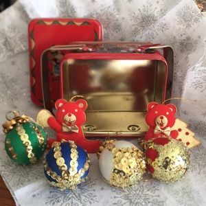 Holiday Tin & Ornaments - 6 Hand Crafted Ornaments